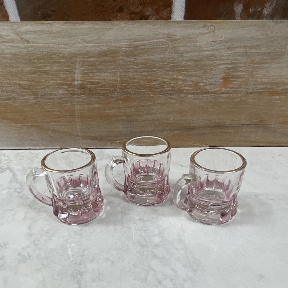 Vintage Pink Ombre Glass Mini Beer Mug Shot Glasses Gold Rim Set of 3 - 2 in